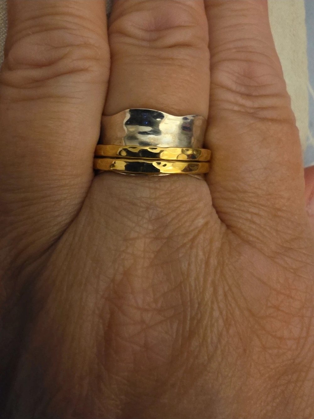 Stacked Hammered Gold and .925 Silver Women's Spinner Ring. Size 8